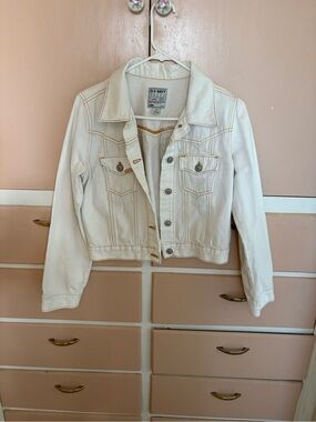 Boys Old Navy Cream Cropped Denim Jacket with Contrast Stitching